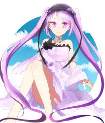 Rule 34 | 1girl, bare shoulders, breasts, choker, dress, euryale (fate), fate/grand order, fate/hollow ataraxia, fate (series), frills, hairband, highres, jewelry, long hair, looking at viewer, medium breasts, purple eyes, purple hair, sitting, smile, solo, thighhighs, very long hair
