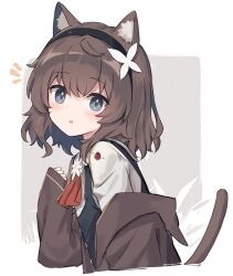 Rule 34 | 1girl, animal ear fluff, animal ears, black hairband, black vest, blue eyes, brown coat, brown hair, bug, cat ears, cat girl, cat tail, coat, grey eyes, hairband, highres, insect, kurioshi fio, ladybug, long sleeves, medium hair, notice lines, off shoulder, open clothes, open coat, original, parted lips, satou (3366 s), shirt, sleeves past wrists, tail, vest, white shirt