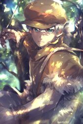 Rule 34 | 1boy, arrow (projectile), blue eyes, closed mouth, cowboy shot, dr. stone, fighting stance, fur trim, hand up, hat, highres, holding, holding arrow, looking at viewer, male focus, outdoors, saionji ukyou, shirt, short hair, short sleeves, solo, standing, tree, white hair, wrist cuffs, yellow hat, yellow shirt, yu (zatta13chan)
