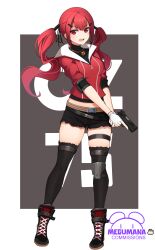 Rule 34 | 1girl, absurdres, bell, black footwear, black ribbon, black shirt, black shorts, black thighhighs, boots, breasts, commentary, commission, crop top, cross-laced footwear, cz 75, cz75 (girls&#039; frontline), cz75 (winter forager) (girls&#039; frontline), english commentary, fingerless gloves, girls&#039; frontline, gloves, grey background, gun, hair ornament, hair ribbon, hairclip, handgun, highres, holding, holding gun, holding weapon, jacket, jingle bell, lace-up boots, long hair, looking at viewer, medium breasts, megumana, midriff, name connection, neck bell, object namesake, official alternate costume, open mouth, red eyes, red hair, red jacket, ribbon, shirt, short shorts, short sleeves, shorts, solo, thighhighs, thighhighs under boots, twintails, two-tone background, very long hair, weapon, white background, white gloves
