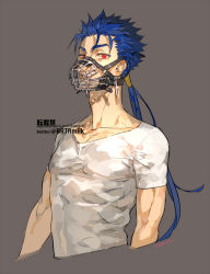 Rule 34 | 1boy, artist name, bad id, bad twitter id, blue hair, brown background, collarbone, commentary request, cropped torso, cu chulainn (fate), cu chulainn (fate/stay night), fate/stay night, fate (series), grin, long hair, looking at viewer, male focus, muzzle, red eyes, shirasuboshiboshi, shirt, short sleeves, simple background, smile, solo, spiked hair, white shirt