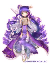 Rule 34 | 1girl, commentary request, flower, flower knight girl, full body, green eyes, hair ornament, lavender (flower knight girl), long hair, looking at viewer, marriage certificate (object), nakaishow, navel, official art, pelvic curtain, purple hair, shoes, short sword, smile, solo, sword, thighhighs, weapon