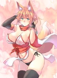 Rule 34 | 1girl, animal ear fluff, animal ears, asymmetrical gloves, bare shoulders, black gloves, black panties, black thighhighs, blonde hair, blush, breasts, bridal gauntlets, cleavage, closed mouth, clothing cutout, commentary, cowboy shot, detached sleeves, dress, elbow gloves, extra ears, fox ears, fox girl, fox tail, gloves, green eyes, hands in hair, japanese clothes, large breasts, long hair, looking at viewer, microdress, navel, navel cutout, obi, original, panties, pelvic curtain, red sash, red scarf, sash, sawaya (mizukazu), scarf, short hair, side-tie panties, single sleeve, skindentation, smile, solo, standing, strapless, strapless dress, tail, thighhighs, underwear, uneven gloves, white dress, white sleeves, wind