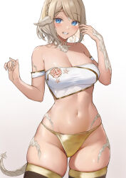 Rule 34 | 1girl, asymmetrical bangs, au ra, bandeau, blue eyes, blush, braid, breasts, cleavage, collarbone, cowboy shot, dragon girl, dragon horns, dragon tail, final fantasy, final fantasy xiv, floral print, gold panties, gradient background, highres, horns, large breasts, light brown hair, looking at viewer, navel, panties, parted lips, scales, short hair, side braid, sidelocks, simple background, skindentation, solo, string panties, swept bangs, tail, thighs, torisanff14, underwear, warrior of light (ff14), white bandeau, white horns, white scales, white tail