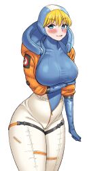 Rule 34 | 1girl, alternate breast size, an13579, animification, apex legends, blonde hair, blue bodysuit, blue eyes, blue gloves, blush, bodysuit, breasts, clenched hand, gloves, highres, hood, hood up, hooded bodysuit, hooded jacket, jacket, large breasts, looking at viewer, orange jacket, skin tight, smile, solo, thigh strap, wattson (apex legends), white bodysuit