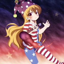 Rule 34 | 1girl, american flag dress, american flag legwear, blonde hair, blush, closed mouth, clownpiece, fire, frilled shirt collar, frills, hat, jester cap, long hair, pantyhose, polka dot, red eyes, shirt, short sleeves, smile, solo, star (symbol), star print, striped clothes, striped pantyhose, torch, touhou, ts1016