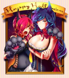 Rule 34 | 2girls, ahri (league of legends), animal ears, animal hands, bare shoulders, black hair, blush, breasts, cleavage, facial mark, fox ears, halloween, highres, large breasts, league of legends, long hair, looking at viewer, mugimaro35, multiple girls, nail polish, night, night sky, o3o, one eye closed, parted lips, pink hair, red hair, sky, slit pupils, whisker markings, xayah, yellow eyes