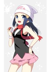 Rule 34 | 1girl, :d, absurdres, bad id, bad pixiv id, black shirt, blue eyes, blue hair, bracelet, cowboy shot, creatures (company), dawn (pokemon), floating hair, game freak, hat, highres, holding, holding poke ball, jewelry, long hair, looking at viewer, miniskirt, nintendo, open mouth, pink skirt, poke ball, poke ball (basic), pokemon, pokemon dppt, red scarf, scarf, shirt, sidelocks, skirt, smile, solo, standing, white hat, yuihico