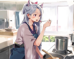 Rule 34 | 1girl, :d, apron, blue apron, commentary request, cooking pot, grey hair, hand up, highres, holding, holding spoon, indoors, japanese clothes, kimono, lamb (hitsujiniku), long hair, open mouth, purple eyes, refrigerator, short sleeves, smile, solo, spoon, touhoku itako, very long hair, voiceroid, white kimono, wide sleeves, window