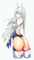 Rule 34 | 1girl, ass, back, back cutout, backless outfit, blazblue, blue eyes, breasts, bungaro, clothing cutout, cropped legs, elbow gloves, forehead protector, from behind, gloves, highres, leotard, long hair, looking back, mu-12, partially colored, shoulder pads, solo, thighhighs, thong leotard, underboob