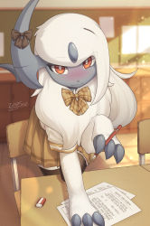 Rule 34 | 1girl, absol, absurdres, animal hands, animal nose, arm support, artist name, black bow, black thighhighs, blurry, blurry background, blush, body fur, bokeh, bow, bowtie, bright pupils, brown bow, brown bowtie, brown skirt, chair, chalkboard, classroom, claws, closed mouth, colored skin, crack, creatures (company), dated, depth of field, desk, eraser, female focus, furry, furry female, game freak, gen 3 pokemon, grey horns, grey skin, hair ornament, hairclip, hand up, happy, highres, holding, holding pencil, horn bow, horn ornament, horns, indoors, korean text, leaning forward, leg up, light particles, light rays, locker, long hair, looking at viewer, mechanical pencil, miniskirt, neck fur, nintendo, nose blush, paper, pencil, personification, plaid, plaid bow, pleated skirt, pokemon, pokemon (creature), red eyes, school chair, school desk, shirt, short sleeves, sidelocks, signature, single horn, skirt, smile, solo, standing, standing on one leg, sunlight, sunset, tail, thighhighs, translation request, white fur, white hair, white pupils, white shirt, zettai ryouiki, zinfyu