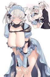 Rule 34 | !, !!, 2girls, animal ears, arm warmers, black jacket, blue dress, blue eyes, blush, bouncing breasts, breasts, cat ears, cat girl, cleavage, deathalice, dress, facial mark, fang, final fantasy, final fantasy xiv, fingernails, grey hair, hands on own knees, highres, jacket, large breasts, lips, looking at another, looking at viewer, maid headdress, medium hair, miqo&#039;te, multiple girls, multiple views, nipples, open mouth, panties, parted lips, pink background, ponytail, simple background, skin fang, thighs, underwear, whisker markings, white background, white panties, yuri