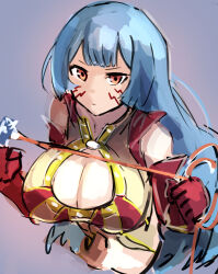 Rule 34 | 1girl, alternate breast size, armpits, blue hair, blunt bangs, breasts, cleavage, cleavage cutout, clothing cutout, duel monster, elbow gloves, facial mark, gloves, hatano kiyoshi, high collar, highres, hime cut, holding, holding weapon, holding whip, jewelry, large breasts, long hair, looking at viewer, medium breasts, midriff, navel, shadow tamer, solo, spikes, thighhighs, very long hair, weapon, whip, yellow eyes, yu-gi-oh!