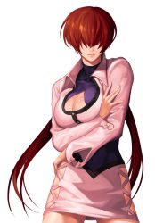Rule 34 | 1girl, breasts, brown eyes, buttons, cleavage, cleavage cutout, clothing cutout, commentary request, cropped jacket, crossed arms, earrings, evilgun, fingernails, hair over eyes, highres, jacket, jewelry, large breasts, long hair, long sleeves, low twintails, miniskirt, parted lips, pink jacket, pink skirt, shermie (kof), shiny skin, simple background, skirt, smile, snk, solo, the king of fighters, twintails, white background