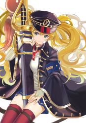Rule 34 | 10s, 1girl, armband, ascot, bandage on face, bandages, between legs, black hat, black jacket, blonde hair, blue skirt, bracelet, bridal gauntlets, cowboy shot, gloves, granblue fantasy, green eyes, hair between eyes, hat, highres, jacket, jewelry, looking at viewer, monica (granblue fantasy), peaked cap, pleated skirt, red thighhighs, ruisento, scabbard, sheath, simple background, sitting, skirt, smile, solo, sword, thighhighs, twintails, weapon, white background, white gloves, wide sleeves