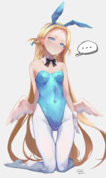 Rule 34 | 1girl, absurdres, bad id, bad pixiv id, bare shoulders, blonde hair, blue archive, blush, breasts, cameltoe, forehead, halo, highres, kneeling, leotard, long hair, looking at viewer, pantyhose, parted bangs, playboy bunny, small breasts, solo, sora (blue archive), taino kou, thighs