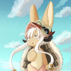 Rule 34 | 1other, brown eyes, rabbit, furry, highres, kawasemi27, long hair, looking at another, made in abyss, nanachi (made in abyss), open mouth, sky, solo, white hair