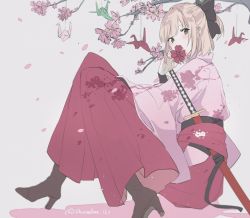 Rule 34 | 1girl, ahoge, bad id, bad twitter id, black bow, blonde hair, blurry, boots, bow, brown eyes, brown footwear, cherry blossoms, commentary request, covered mouth, dress, fate/grand order, fate (series), flower, flower over mouth, hakama, hakama skirt, high heel boots, high heels, highres, holding, holding flower, japanese clothes, katana, kimono, looking at viewer, obi, okita souji (fate), okita souji (koha-ace), origami, paper crane, petals, pink kimono, red hakama, sash, sheath, sheathed, short hair, simple background, sitting, skirt, solo, sword, twitter username, weapon, white background, yurumawari