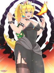 Rule 34 | 1girl, absurdres, armlet, artist name, bare shoulders, black dress, black nails, black thighhighs, blonde hair, blue eyes, blush, bowsette, bracelet, breasts, breath weapon, breathing fire, cleavage, collar, covered navel, crown, dress, earrings, emphasis lines, female focus, fire, garter straps, hands up, happy, highres, horns, jewelry, large breasts, mario (series), nail polish, new super mario bros. u deluxe, nintendo, open mouth, outline, ponytail, sarukaiwolf, sharp teeth, shiny skin, side slit, signature, smile, solo, spiked bracelet, spiked collar, spiked shell, spikes, standing, strapless, strapless dress, super crown, teeth, thighhighs, torn clothes, torn dress, turtle shell, watermark, white outline
