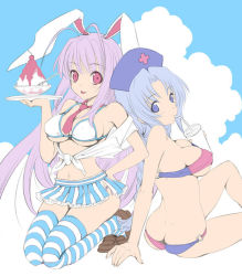 Rule 34 | 2girls, :p, adapted costume, ahoge, animal ears, antenna hair, aqua hair, arm support, ass, back, bad id, bad pixiv id, bikini, blue eyes, blue hair, blue sky, braid, breasts, butt crack, cherry, cleavage, cloud, covered erect nipples, day, drink, drinking, drinking straw, female focus, food, front-tie top, fruit, hat, hip focus, kneeling, leaning back, light purple hair, loafers, long hair, looking at viewer, looking back, mai20, medium breasts, midriff, miniskirt, multiple girls, navel, necktie, nurse cap, rabbit ears, red eyes, red necktie, reisen udongein inaba, seiza, shoes, silver hair, sitting, skirt, sky, striped clothes, striped legwear, striped thighhighs, swimsuit, thighhighs, tongue, tongue out, touhou, tray, very long hair, yagokoro eirin