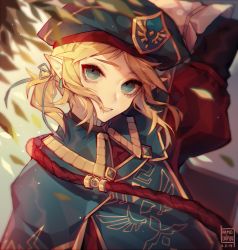 Rule 34 | 1boy, arm up, artist name, beret, blonde hair, blue eyes, coat, commentary, english commentary, facing viewer, floating hair, gloves, hair ribbon, hat, highres, kamochiru, link, long hair, long sleeves, looking at viewer, male focus, nintendo, parted lips, ponytail, ribbon, royal guard set (zelda), sidelocks, solo, teeth, the legend of zelda, the legend of zelda: breath of the wild, upper body