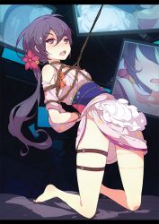 Rule 34 | &gt;:o, 10s, 1girl, :o, akebono (kancolle), apron, arched back, barefoot, bdsm, bell, blush, bondage, bound, commentary request, floral print, flower, full body, gluteal fold, hair bell, hair flower, hair ornament, highres, ideolo, japanese clothes, kantai collection, kimono, letterboxed, long hair, looking at viewer, maid, purple eyes, purple hair, screen, short kimono, side ponytail, solo, thigh strap, torn clothes, v-shaped eyebrows, very long hair, wa maid