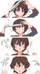 Rule 34 | 1girl, 4koma, absurdres, akaboshi koume, alternate hairstyle, blue eyes, blush, borderless panels, brown hair, circle, clenched hands, closed mouth, comic, commentary request, constricted pupils, emphasis lines, flying sweatdrops, frown, girls und panzer, grey hat, hair straightener, hand in own hair, heart, highres, jacket, light rays, looking at viewer, motion lines, open mouth, short hair, smile, steam, straight hair, tearing up, toku (yhpv8752), track jacket, translated, trembling, wavy hair