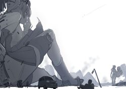 Rule 34 | 2girls, atlanta (kancolle), car, defeat, giant, giantess, highres, kantai collection, looking at another, machinery, monochrome, motor vehicle, multiple girls, natsukaze shigure, ruins, sitting, white background