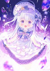 Rule 34 | 1girl, :d, blurry, blurry foreground, blush, bonnet, bow, commentary request, crystal, depth of field, dress, frilled dress, frills, gloves, highres, ikari (aor3507), long hair, looking at viewer, open mouth, original, purple bow, purple eyes, silver hair, skirt basket, smile, solo, star (symbol), twitter username, two side up, very long hair, white dress, white gloves, white headwear