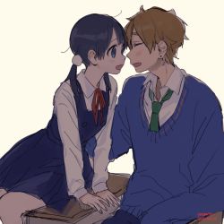 Rule 34 | 10s, 1boy, 1girl, :d, arm support, black hair, blue eyes, blue sweater, blush, brown hair, closed eyes, collared shirt, couple, desk, dress, eye contact, face-to-face, green necktie, happy, hetero, imminent kiss, kitashirakawa tamako, long hair, long sleeves, looking at another, low twintails, momose (oqo), neck, necktie, on desk, ooji mochizou, open mouth, pinafore dress, red ribbon, ribbon, school desk, school uniform, shirt, short hair, simple background, sitting, on desk, sleeveless dress, smile, sweater, tamako market, twintails, white shirt