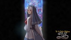 Rule 34 | 1girl, book, company name, copyright name, cross, falcom, habit, highres, nun, official art, red eyes, sister nell, solo, white hair, ys, ys iii wanderers of ys