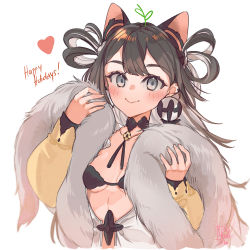Rule 34 | 1girl, absurdres, animal ears, black bra, blush, bra, breasts, brown hair, cat ears, closed mouth, commentary, dated, ear piercing, english commentary, english text, fingernails, grey eyes, hands up, happy holidays, heart, highres, long hair, looking at viewer, original, piercing, signature, simple background, small breasts, smile, solo, underwear, upper body, white background, yun-yang
