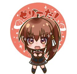 Rule 34 | 1girl, 2022, ahoge, bell, black jacket, black socks, blush stickers, bow, brown eyes, brown hair, chibi, clenched hands, commentary request, dated commentary, excited, eyes visible through hair, gelatin, grey skirt, hair bell, hair between eyes, hair ornament, hair ribbon, hands up, jacket, jingle bell, kneehighs, little busters!, little busters! school uniform, long hair, looking at viewer, micchi (koto maple), miniskirt, natsume rin, open mouth, pink bow, ponytail, ribbon, school uniform, signature, simple background, skirt, socks, solo, sparkle, standing, translated, v-shaped eyebrows, very long hair, white background, white ribbon