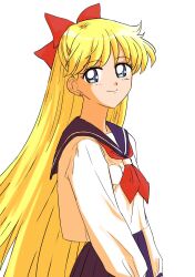 Rule 34 | 1girl, aino minako, bishoujo senshi sailor moon, blonde hair, blue eyes, bow, highres, long hair, long sleeves, moc 1202, red bow, school uniform, skirt, very long hair