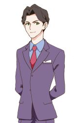 Rule 34 | 1boy, andrew hanbridge, arms behind back, blue shirt, brown hair, collared shirt, green eyes, hair intakes, jacket, lapels, little witch academia, male focus, mitsuko (4afe6300), necktie, notched lapels, pants, pocket square, purple jacket, purple pants, red necktie, shirt, simple background, smile, solo, standing, white background