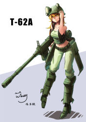 Rule 34 | 1girl, belt, blonde hair, boots, breasts, cannon, character name, dated, gun, hand on own head, helmet, highres, mecha musume, midriff, military, military vehicle, mining helmet, motor vehicle, muzzle device, original, pants, personification, signature, solo, t-62a, tank, tank top, vehicle, vest, weapon, wing (4486066), world of tanks, yellow eyes