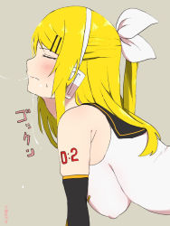 Rule 34 | 1girl, alternate breast size, alternate hair length, alternate hairstyle, blonde hair, breasts, closed eyes, closed mouth, covered erect nipples, cum, cum in mouth, cumdrip, drinking, facial, future style (module), gloves, hair ribbon, highres, implied group sex, implied sex, kagamine rin, large breasts, long hair, medium breasts, nipples, nishikino kee, profile, project diva (series), ribbon, sailor collar, sideboob, solo, sound effects, vocaloid
