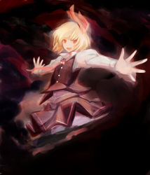Rule 34 | 1girl, ascot, blonde hair, darkness, dearmybrothers, fang, female focus, hair ribbon, highres, open mouth, outstretched arms, red eyes, ribbon, rumia, shirt, short hair, skirt, skirt set, smile, solo, touhou, vest