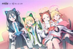 Rule 34 | 4girls, absurdly long hair, animal ear headphones, animal ears, aris (blue archive), black hair, black skirt, black thighhighs, blonde hair, blue archive, blue eyes, blue necktie, blush stickers, collared shirt, controller, fake animal ears, game controller, green eyes, green halo, halo, headphones, hiyo kiki, holding, holding controller, holding game controller, jacket, long hair, long sleeves, midori (blue archive), momoi (blue archive), multiple girls, necktie, official art, one side up, open clothes, open jacket, open mouth, orange halo, pink halo, playing games, pleated skirt, purple eyes, red eyes, red hair, shirt, short hair, siblings, sisters, sitting, skirt, smile, textless version, thighhighs, twins, very long hair, white jacket, white shirt, yuzu (blue archive)