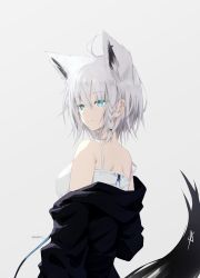 Rule 34 | 1girl, absurdres, ahoge, animal ears, artist name, black jacket, braid, breasts, camisole, commentary, earrings, fox ears, fox girl, fox tail, green eyes, hair between eyes, highres, hololive, jacket, jewelry, looking at viewer, looking back, medium breasts, nash11, pentagram, shirakami fubuki, short hair, sidelocks, simple background, single braid, solo, tail, virtual youtuber, white background, white camisole, white hair