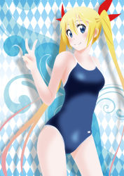 Rule 34 | 10s, 1girl, bad id, bad pixiv id, blonde hair, blue eyes, competition school swimsuit, kirisaki chitoge, long hair, nisekoi, one-piece swimsuit, school swimsuit, swimsuit, twintails, v, wanco