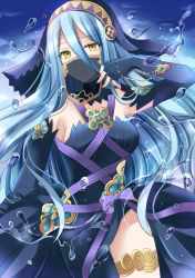 Rule 34 | 1girl, anklet, azura (fire emblem), black dress, black gloves, blue background, blue hair, breasts, closed mouth, commentary request, detached collar, detached sleeves, dress, elbow gloves, fingerless gloves, fire emblem, fire emblem fates, gloves, hair between eyes, highres, holding, hydrokinesis, jewelry, kirishima riona, long hair, looking at viewer, medium breasts, mouth veil, nintendo, pendant, smile, solo, veil, very long hair, water, yellow eyes