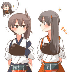 Rule 34 | 10s, 2girls, akagi (kancolle), alternate hairstyle, armor, black hair, breastplate, brown hair, cosplay, eye contact, kaga (kancolle), kaga (kancolle) (cosplay), kantai collection, long hair, looking at another, lowres, multiple girls, rebecca (keinelove), shirt, side ponytail, skirt, smile, sparkle, yuri