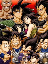 Rule 34 | 1girl, 2015, 6+boys, anger vein, armband, armor, bad id, bad pixiv id, bald, bardock, black hair, brothers, closed eyes, dated, dougi, dragon ball, dragonball z, facial hair, family, father and son, fingers together, gine, gloves, gradient background, grandfather and grandson, grin, husband and wife, index fingers together, karasuma raul, karasuma rauru, light purple hair, md5 mismatch, multiple boys, mustache, nappa, nervous, open mouth, raditz, siblings, signature, smile, son gohan, son goku, son goten, sweat, tarble, trunks (dragon ball), vegeta, w, white gloves, wristband