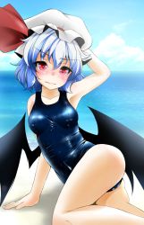 Rule 34 | 1girl, bat wings, blue hair, fumi (fumifumi-graffiti), hat, highres, one-piece swimsuit, red eyes, remilia scarlet, school swimsuit, shiny clothes, short hair, skindentation, solo, swimsuit, touhou, wings