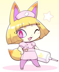 Rule 34 | 1girl, animal ears, blonde hair, blunt bangs, bob cut, fox ears, fox tail, full body, hand on own hip, hat, holding, holding syringe, kon-tan, large syringe, looking at viewer, nollety, nurse, nurse cap, one eye closed, open mouth, oversized object, pantyhose, pink eyes, solo, standing, syringe, tail, youkai (youkai watch), youkai watch