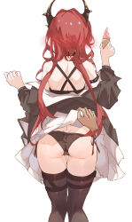 Rule 34 | 1girl, 1other, absurdres, arknights, ass, black panties, black thighhighs, clothes lift, food, from behind, highres, holding, holding food, horns, ice cream, lolifreak, panties, red hair, side-tie panties, simple background, skirt, skirt lift, surtr (arknights), tagme, thighhighs, underwear, white background