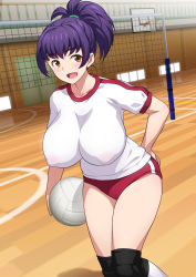 Rule 34 | 1girl, ball, blush, breasts, buruma, covered erect nipples, gym, gym uniform, hand on own ass, high ponytail, highres, holding, holding ball, huge breasts, indoors, jk fuuzoku gakuensai, joy ride, knee pads, legs, looking at viewer, open mouth, original, playing sports, ponytail, puffy areolae, puffy nipples, purple hair, solo, sportswear, standing, thighs, volleyball, volleyball (object), volleyball net, volleyball uniform, yellow eyes
