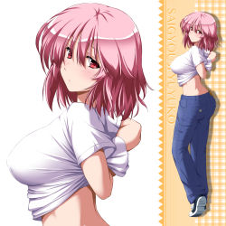 Rule 34 | 1girl, alternate costume, arms behind back, ass, blush, breasts, character name, contemporary, denim, eyebrows, full body, highres, jeans, large breasts, midriff, nori tamago, pants, pink hair, red eyes, saigyouji yuyuko, shirt, shoes, short hair, sneakers, solo, standing, t-shirt, touhou, upper body, white shirt