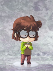 Rule 34 | 1girl, brown footwear, brown hair, brown pants, child, clipboard, doll joints, faux figurine, figure, full body, glasses, green sweater, half-closed eyes, highres, jcm2, joints, lisa loud, pants, realistic, reflection, round eyewear, shoes, short hair, solo, standing, sweater, the loud house